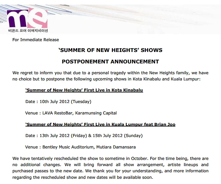ME Malaysia New Heights Postponed