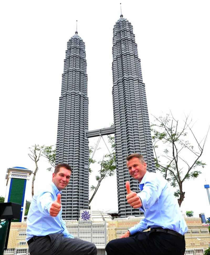 Nick Varney (CEO of Merlin Entertainments Group) & John Jakobsen (MD of LEGOLAND Parks at Merlin Entertainments Group) in front of LEGO Petronas Towers at LEGOLAND Malaysia