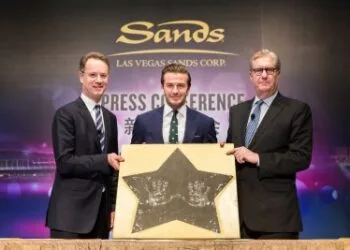 Executives from Sands China Ltd. and Marina Bay Sands joined global icon David Beckham at a press conference Friday at The Venetian Macao to announce a new Asian business partnership between Las Vegas Sands and Beckham Ventures.Left to right: George Tanasijevich, president and chief executive officer of Singapore’s Marina Bay Sands; David Beckham; Edward Tracy, president and chief executive officer of Sands China Ltd.