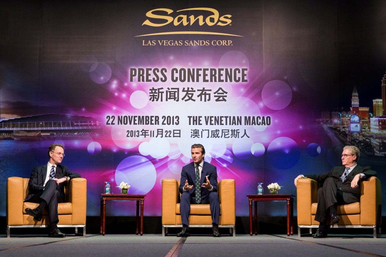 One of the world’s most famous sportsmen, David Beckham (centre), speaks during a press conference at The Venetian Macao Friday to announce a new business partnership between Beckham Ventures and Las Vegas Sands, joined on stage by George Tanasijevich (left), president and chief executive officer of Singapore’s Marina Bay Sands, and Edward Tracy (right), president and chief executive officer of Sands China Ltd.