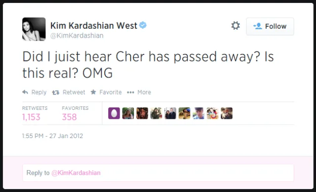 Kim Kardashian Cher Twitter Death Hoax