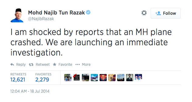 Malaysian Prime Minister Najid Razak plana crash tweet