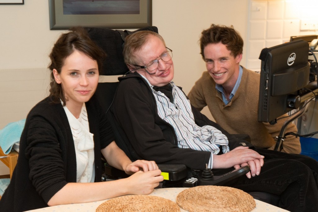 Felicity Jones (who will play Jane Wilde), Stephen Hawking, & Eddie Redmayne (who will play Stephen Hawking)
