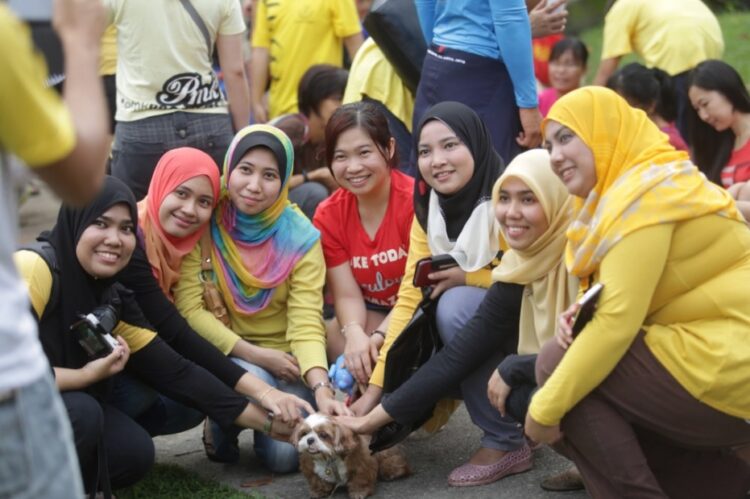 A group of Muslim ladies get acquainted with a dog at the ‘I want to touch a dog’ event at 1Utama’s central park earlier this morning, October 19, 2014. — Pictures by Choo Choy May (Source: www.mmail.com.my)