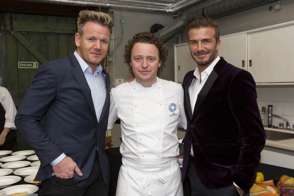 David Beckham and Gordon Ramsey with chef Tom Kitchin at the global launch of Haig Club™ in Scotland