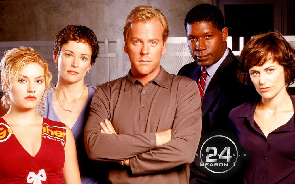 Cast of "24" S1 including lead Kiefer Sutherland (Jack Bauer)
