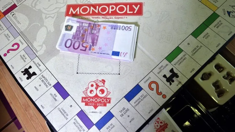 500 euro banknotes are seen on a Monopoly boardgame as employees prepare envelopes with cash during a commercial operation of the Monopoly game, on January 13, 2015 in Saint-Avold, eastern France.
