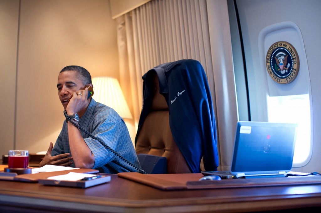 President Obama on the phone aboard the Air Force One (Source: electrospaces.blogspot.com)