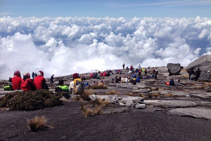 Photo: Climbers wait for rescue atop Mount Kinabalu after the earthquake hit. (Supplied: Vee Jin Dumlao)