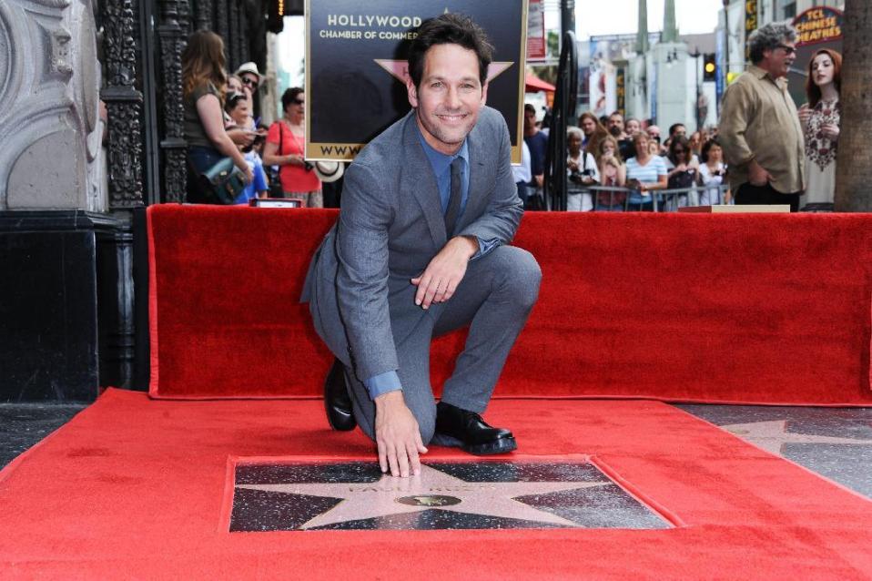 Paul Rudd is honored with a star on the Hollywood Walk of Fame on Wednesday, July 1, 2015, in Los Angeles. (Photo by Richard Shotwell/Invision/AP)