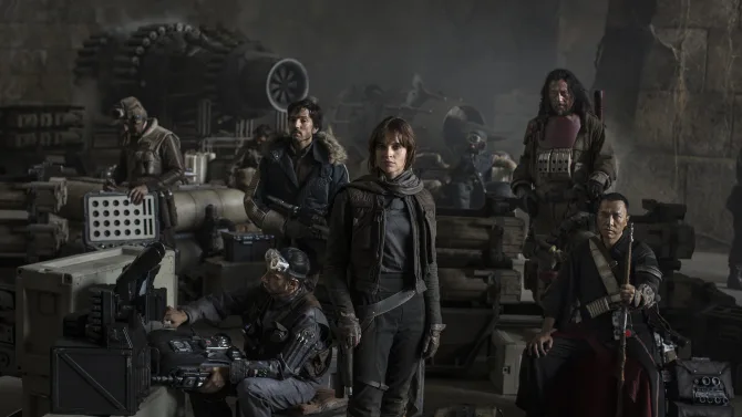Star Wars: Rogue One L to R: Actors Riz Ahmed, Diego Luna, Felicity Jones, Jiang Wen and Donnie Yen Photo Credit: Jonathan Olley ©Lucasfilm 2016