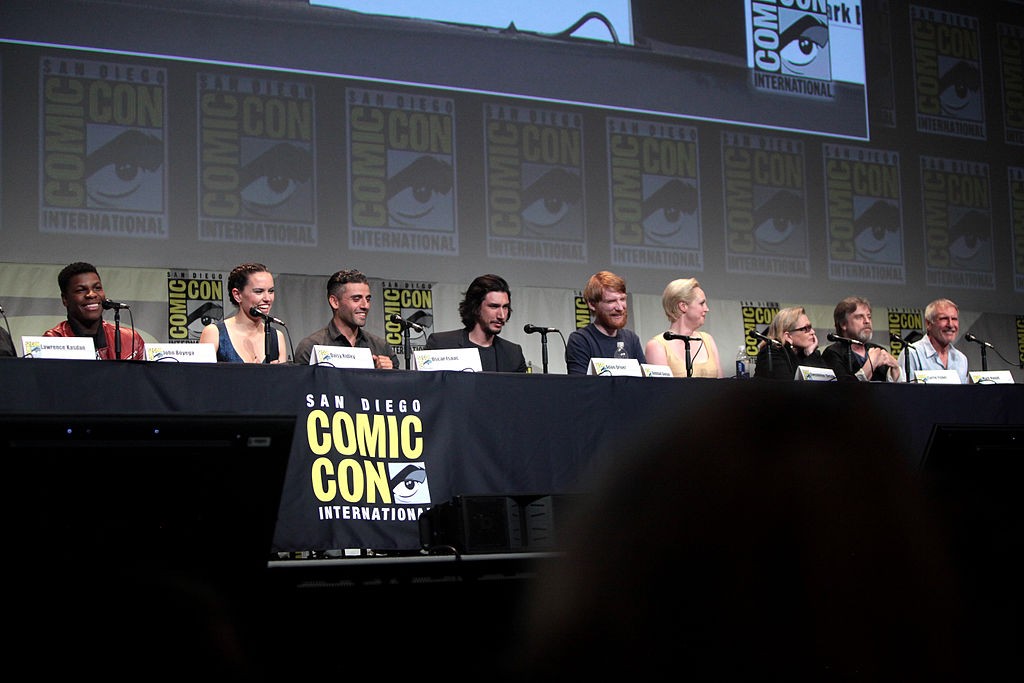 The cast of "Star Wars: The Force Awakens" at the 2015 San Diego Comic Con International. (L–R: John Boyega, Daisy Ridley, Oscar Isaac, Adam Driver, Domhnall Gleeson, Gwendoline Christie, Carrie Fisher, Mark Hamill & Harrison Ford)