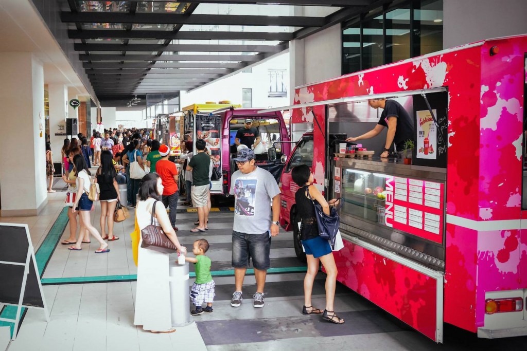 Food trucks are parked at the entrance of The School, Jaya One all day long