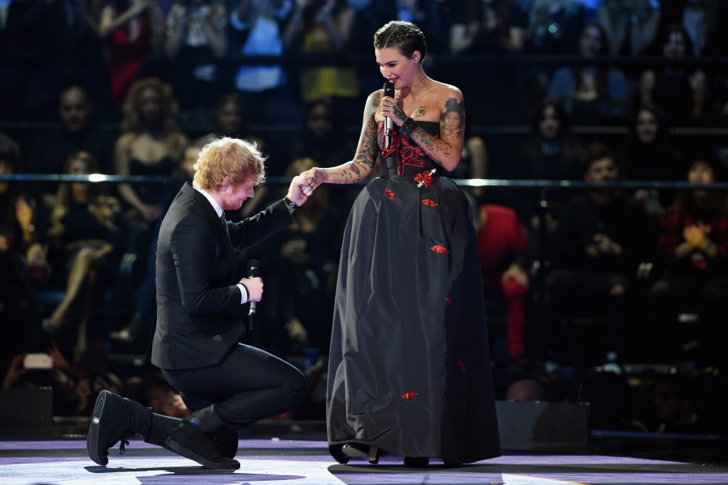 MILAN, ITALY - OCTOBER 25: Co-hosts, musician Ed Sheeran and actress Ruby Rose appear on stage during the MTV EMA's 2015 at the Mediolanum Forum on October 25, 2015 in Milan, Italy. (Photo by Brian Rasic/Getty Images for MTV) *** Local Caption *** Ed Sheeran;Ruby Rose