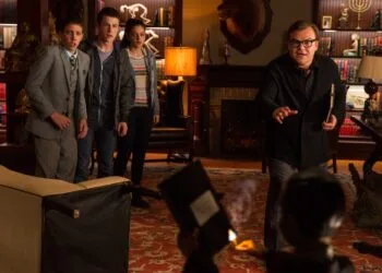 L-r, Ryan Lee, Dylan Minnette, Odeya Rush and Jack Black star in Columbia Pictures' "Goosebumps."