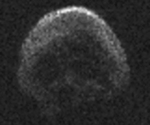 This image of asteroid 2015 TB145, a dead comet, was generated using radar data collected by the National Science Foundation's 1,000-foot (305-meter) Arecibo Observatory in Puerto Rico. The radar image was taken on Oct. 30, 2015, and the image resolution is 7.5m per pixel. - NAIC-Arecibo/NSF