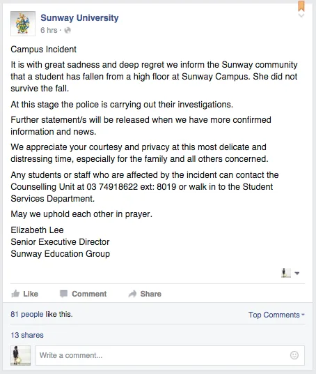 Sunway University Student Suicide