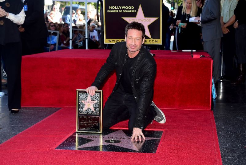 Actor David Duchovny poses with a plaque on his freshly unveiled Hollywood Walk of Fame Star, on January 25, 2016 (AFP Photo/-, Frederic J. Brown)