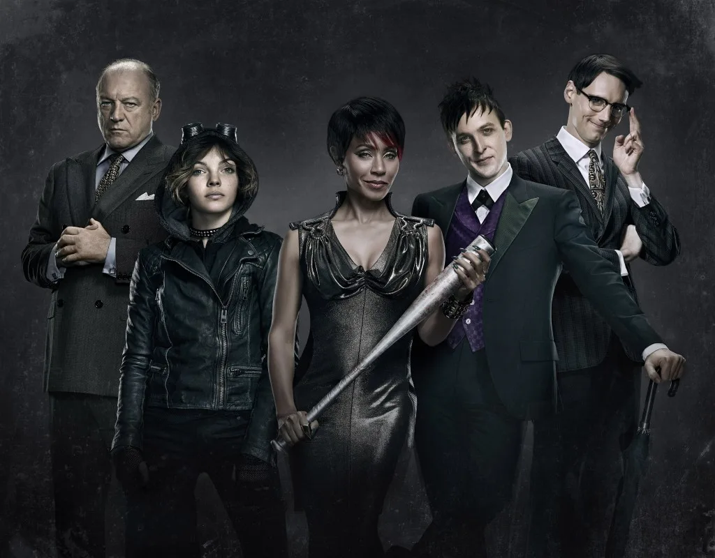 GOTHAM: L-R: John Doman as Carmine Falcone, Camren Bicondova as Selina Kyle, Jada Pinkett Smith as Fish Mooney, Robin Lord Taylor as Oswald Cobblepot and Cory Michael Smith as Edward Nygma star as the villains of GOTHAM. GOTHAM premieres Monday, Sept. 22 (8:00-9:00 PM ET/PT) on FOX. ©2014 Fox Broadcasting Co. Cr: Justin Stephens/FOX