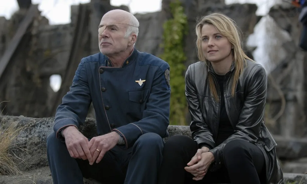 Critical smash … Michael Hogan anad Lucy Lawless in the Battlestar Galactica TV series. (Source: NBCUPhotobank / Rex Features)