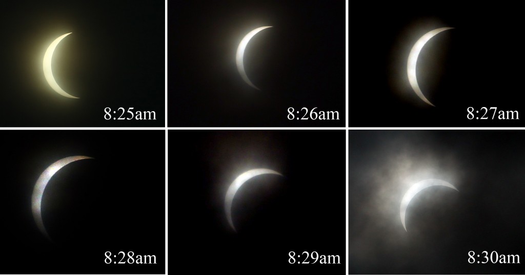 This photo sequence shows the partial solar eclipse in Kuching from 8.25am to 8.30am on Wednesday.. - ZULAZHAR SHEBLEE / THE STAR