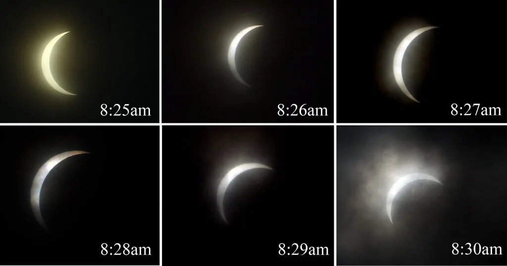 This photo sequence shows the partial solar eclipse in Kuching from 8.25am to 8.30am on Wednesday.. - ZULAZHAR SHEBLEE / THE STAR