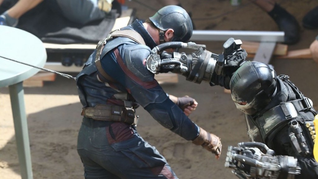 Captain America & Crossbones slugging it out for an action scene on the set of "Captain America: Civil War" (Source: superheronews.com)