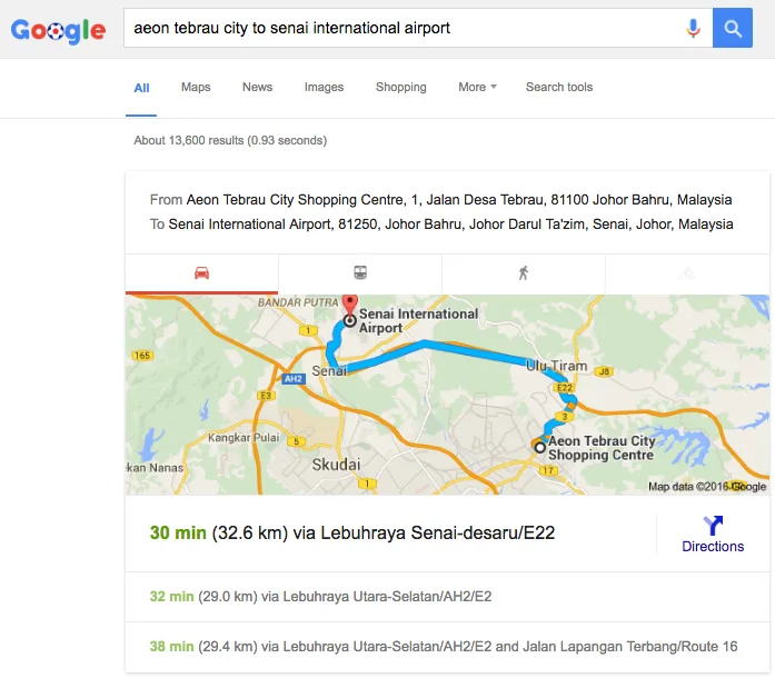 Aeon Tebrau City to Senai International Airport