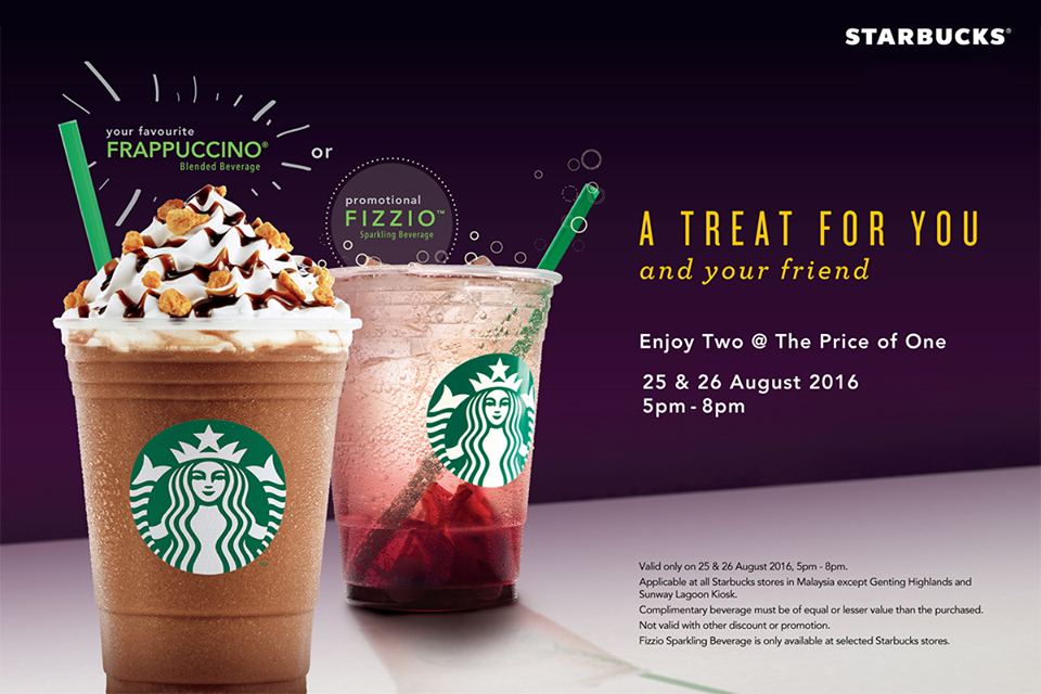 #Starbucks: Buy 1 Free 1 With Any Frappuccino or Fizzio Beverage - Hype