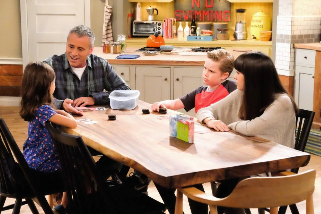 "Two Tickets to Paradise" -- When Adam's client offers him two highly coveted tickets to a Pittsburgh Steelers game, he must choose between taking his wife, Andi, or his brother, Don (Kevin Nealon), on MAN WITH A PLAN, Monday, Oct. 31 (8:30-9:00 PM, ET/PT), on the CBS Television Network. Pictured (L-R) Hala Finley as Emme, Matt LeBlanc as Adam, Matthew McCann as Teddy and Grace Kaufman as Kate Photo: Darren Michaels/CBS ÃÂ©2016 CBS Broadcasting, Inc. All Rights Reserved