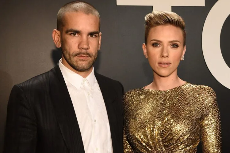 LOS ANGELES, CA - FEBRUARY 20: Journalist Romain Dauriac (L) and actress Scarlett Johansson, both wearing TOM FORD, attend the TOM FORD Autumn/Winter 2015 Womenswear Collection Presentation at Milk Studios in Los Angeles on February 20, 2015. (Photo by Michael Buckner/Getty Images for Tom Ford)