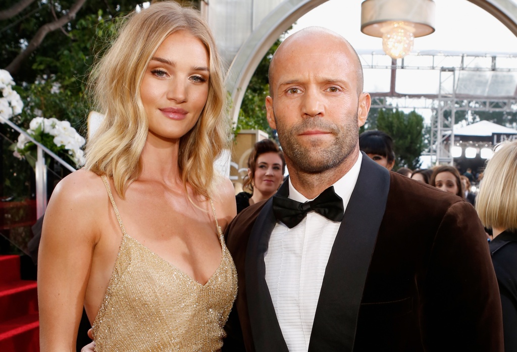 BEVERLY HILLS, CA - JANUARY 10: 73rd ANNUAL GOLDEN GLOBE AWARDS -- Pictured: (l-r) Model Rosie Huntington-Whiteley and actor Jason Statham arrive to the 73rd Annual Golden Globe Awards held at the Beverly Hilton Hotel on January 10, 2016. (Photo by Trae Patton/NBC/NBCU Photo Bank via Getty Images)