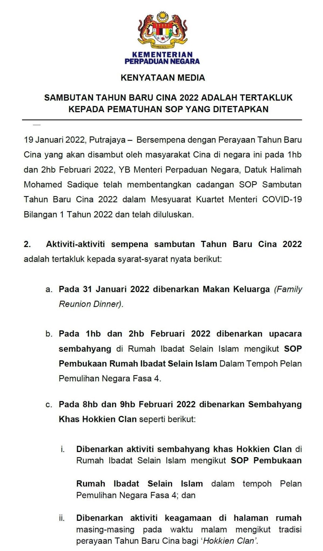 Chinese new 2022 sop year Malaysia's SOPs