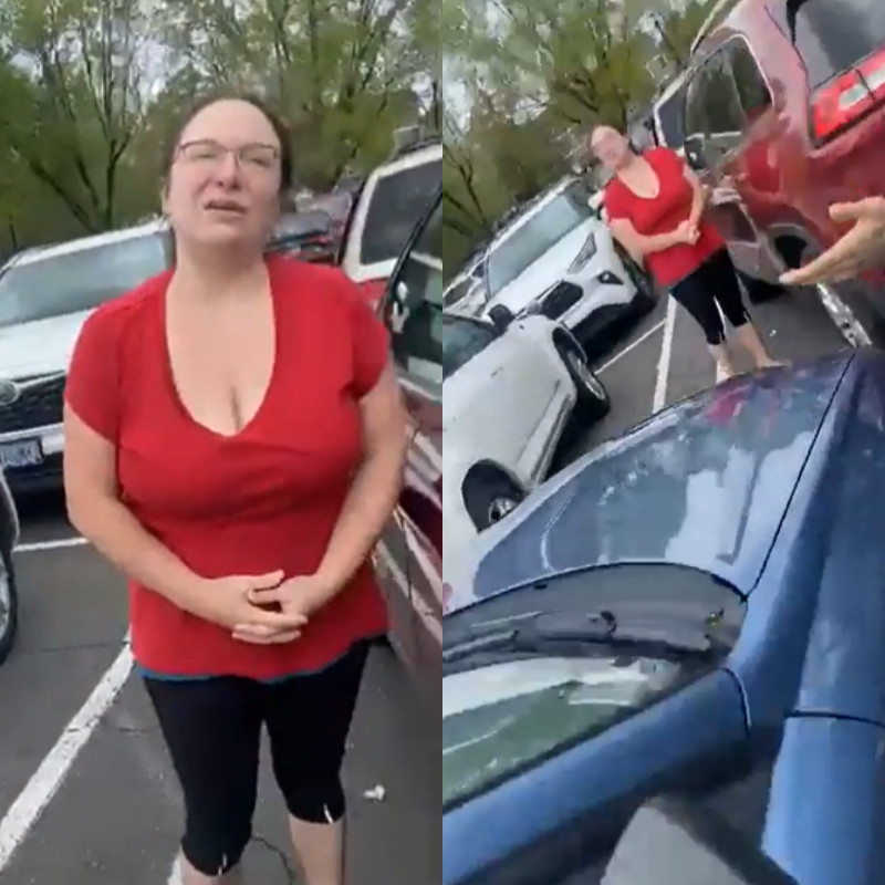 白人女为抢车位掏出右胸往对方车里喷奶！
