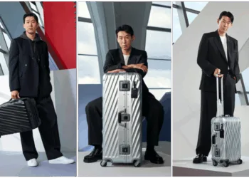 L-R: Pro-footballer Son Heung-min with the 19 Degree International Expandable 4 Wheeled Carry-On in Textured Black; the 19 Degree Aluminum Rolling Trunk in Silver; and the 19 Degree Aluminum International Carry-On in Silver.