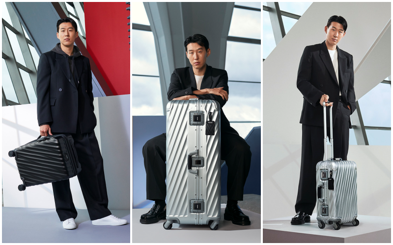 L-R: Pro-footballer Son Heung-min with the 19 Degree International Expandable 4 Wheeled Carry-On in Textured Black; the 19 Degree Aluminum Rolling Trunk in Silver; and the 19 Degree Aluminum International Carry-On in Silver.