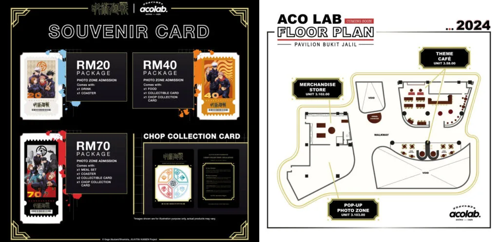 May be an illustration of text that says 'å術戰a アニメイトカフェ 明術迴戦 acolab. OFFICIAL LICENSED CAFE JUJUTSU KAISEN'S CAFÉ 20 APR ÛAL BUKIT JALIL, LOT3. 102/103/58 20 JUL 2024 Gege Akutami/Shueisha, JUJUTSU KAISEN Project'