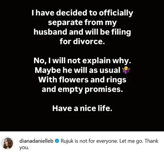 Diana Danielle statement on Instagram