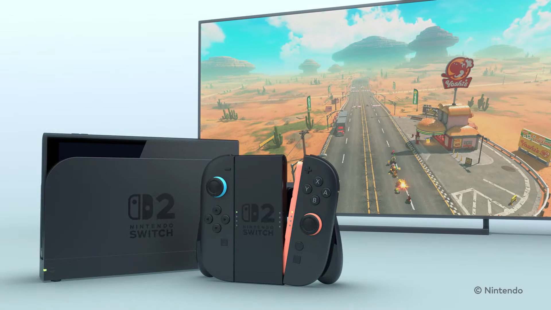 Nintendo Switch in docked mode with new Joy Con controllers on display.