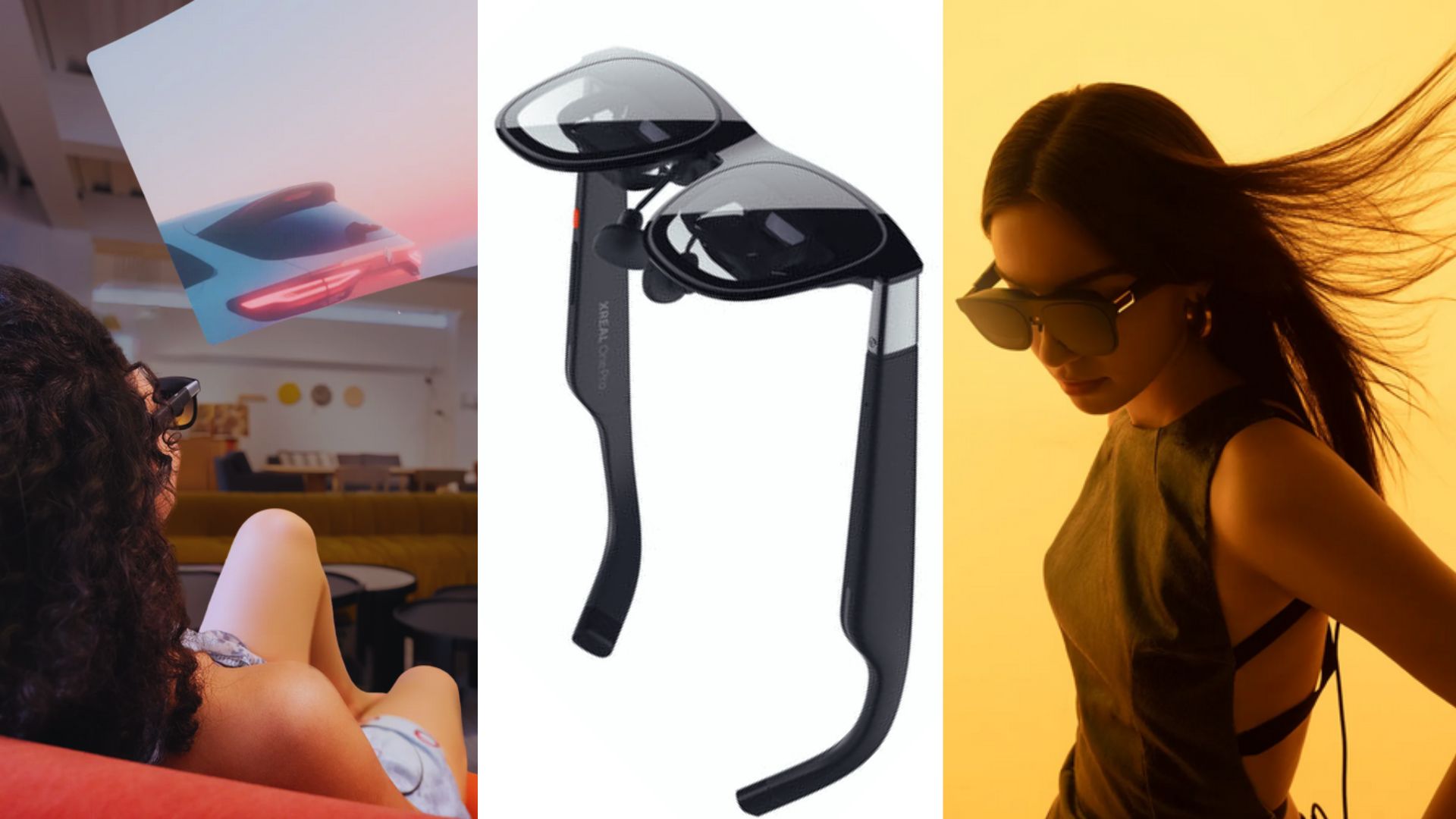 Xreal One Pro AR glasses promotional photos. Demonstrating shading functionality, sleek design, and effortless beauty.