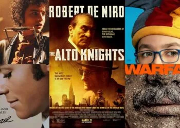 A collage of posters from A Complete Unknown, Micheal, The Alto Knights, Warfare, and The Unbreakable Boy