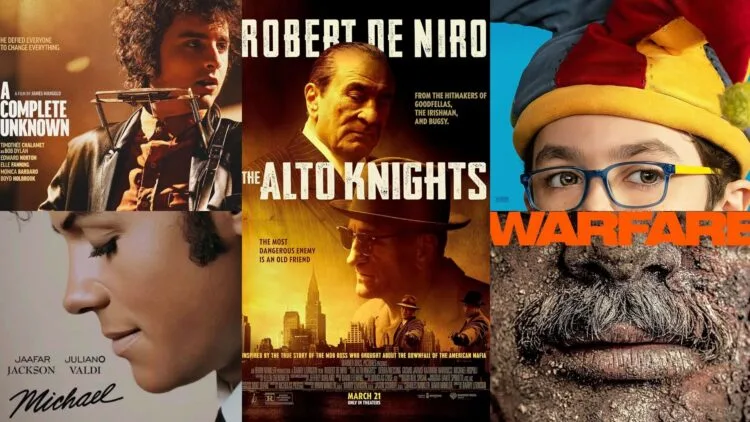 A collage of posters from A Complete Unknown, Micheal, The Alto Knights, Warfare, and The Unbreakable Boy