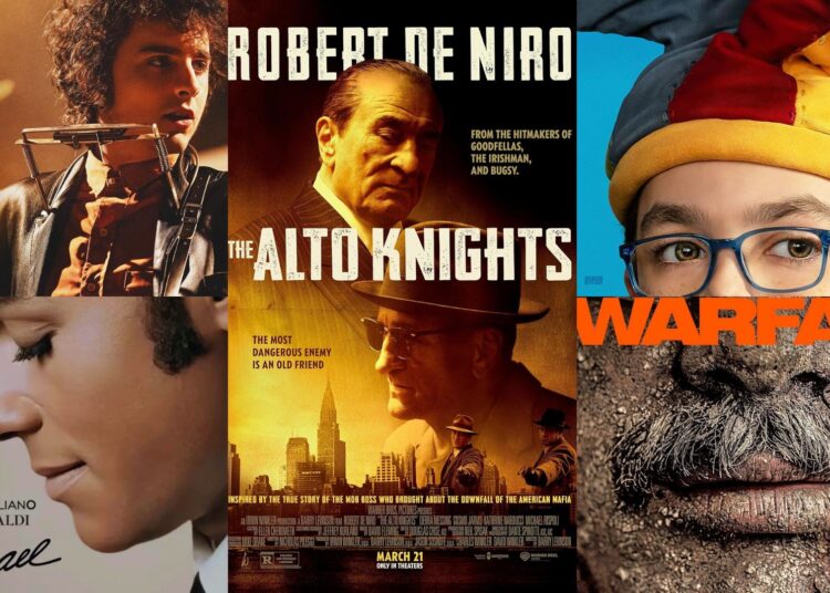 A collage of posters from A Complete Unknown, Micheal, The Alto Knights, Warfare, and The Unbreakable Boy