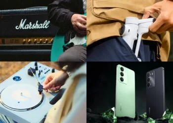 Collage of Marshall JCM800 Modified, Korg handytraxx play, realme 14x 5G, and Insta360 Flow 2 pro