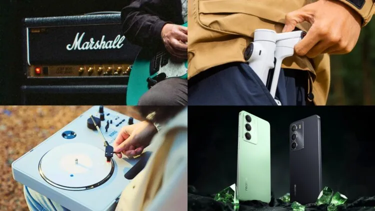 Collage of Marshall JCM800 Modified, Korg handytraxx play, realme 14x 5G, and Insta360 Flow 2 pro