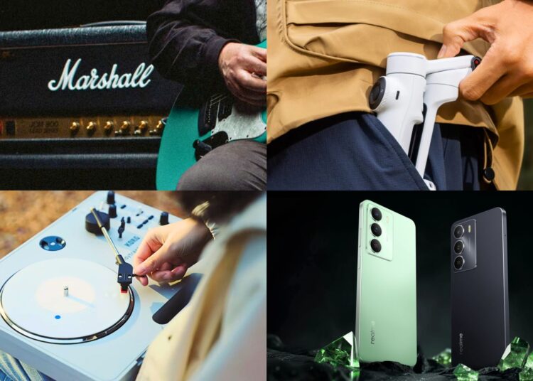 Collage of Marshall JCM800 Modified, Korg handytraxx play, realme 14x 5G, and Insta360 Flow 2 pro