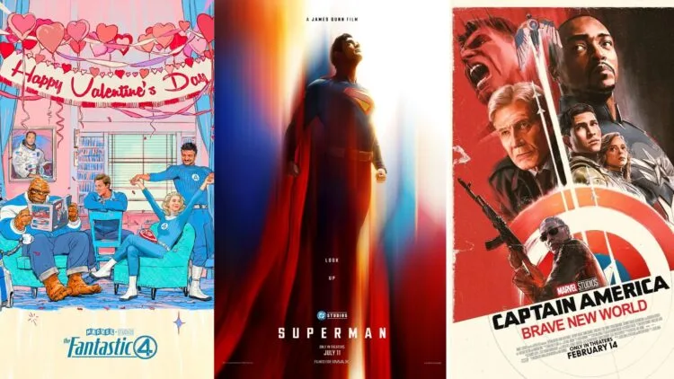 Fantastic Four, Superman, and Captain America promotional posters for 2025.