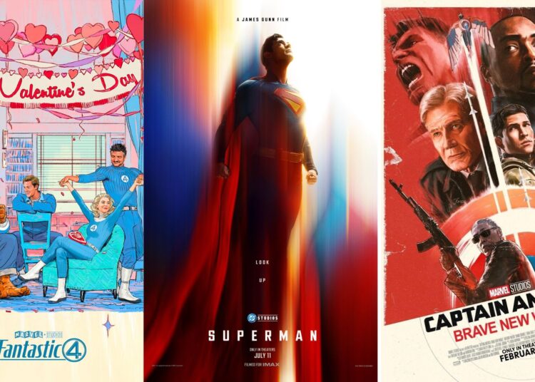Fantastic Four, Superman, and Captain America promotional posters for 2025.