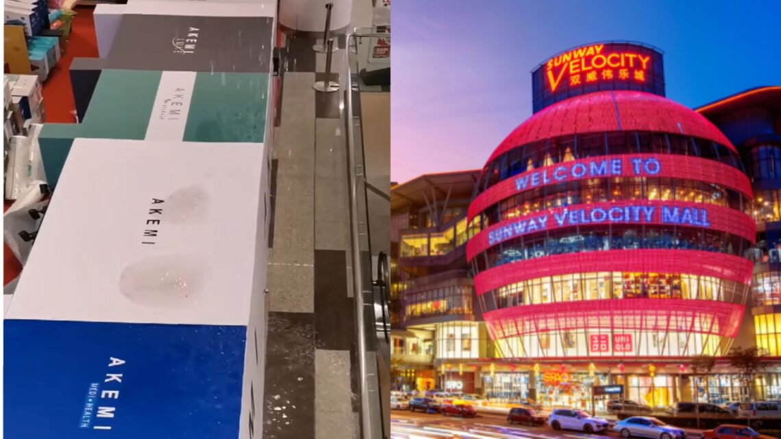 Roof leak rains down on AKEMI stall at Sunway Velocity.