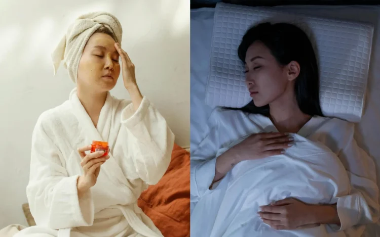 Photo by cottonbro studio: https://www.pexels.com/photo/woman-sleeping-on-a-bed-6941126/ & Photo by Polina Tankilevitch: https://www.pexels.com/photo/a-woman-applying-facial-cream-5468637/